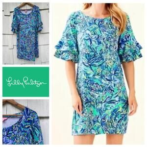 Lilly Pulitzer Lula Bonnet Blue‎ Ruffle Sleeve Shift Dress Mini Length Size L